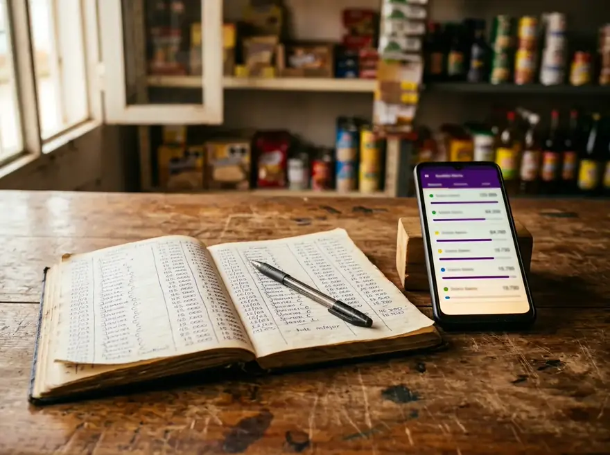 Un cuaderno de cobro escrito a mano sobre el mostrador de una tienda, junto a un celular con la aplicación abierta.